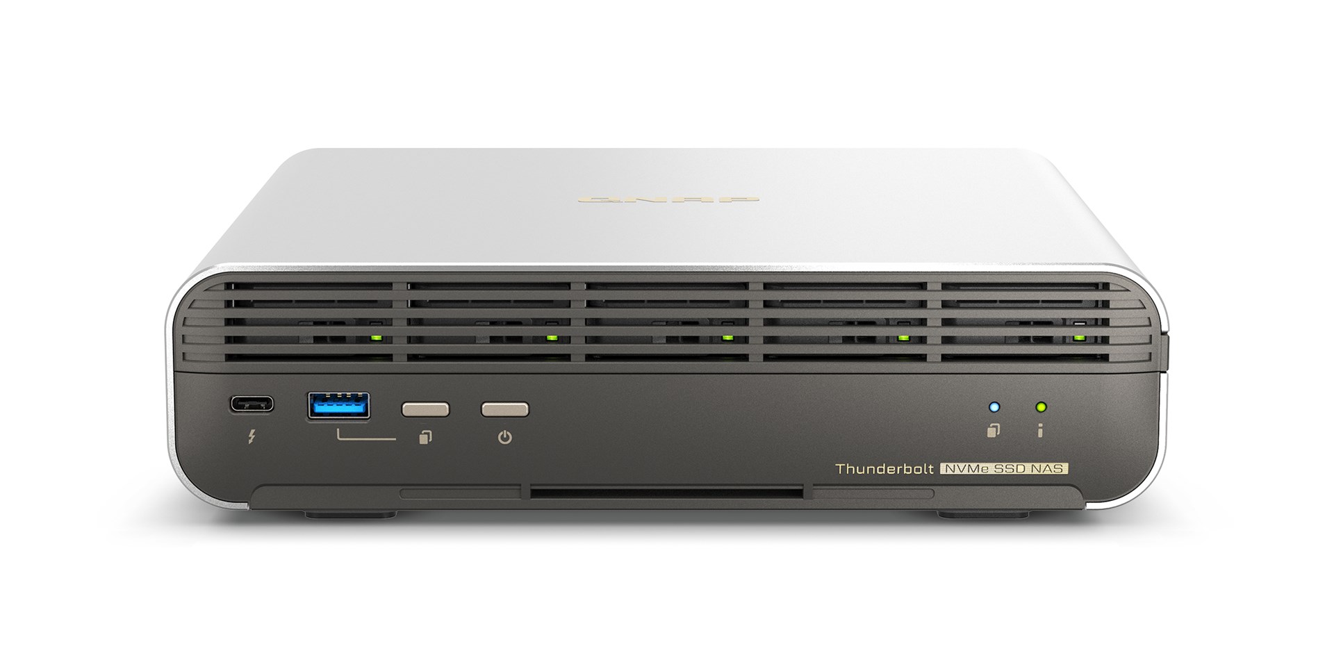 Qnap TBS-h574TX-i5-16G, Compact, 5 x E1.S up to 15mm ( or 5 x M.2 2280 PCIe w/ QDA-E1SM ), Intel Core i5-1340PE 12C/16T, onboard 16GB DDR4 (not expandable), 1 x 10GbE + 1 x 2.5GbE, External adapter (PSU)