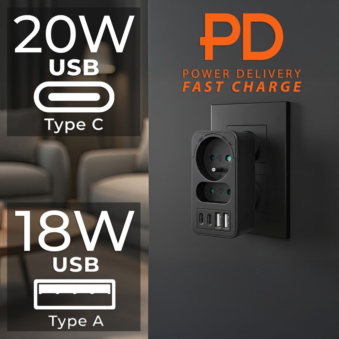 MACLEAN GNIAZDKO PRĄDOWE X2 + 4XUSB, ROZGAŁĘŹNIK Z 2 GNIAZDAMI, 2XUSB A, 2XUSB C PD 20W, 1X16A + 1X6A MCE249 F/B