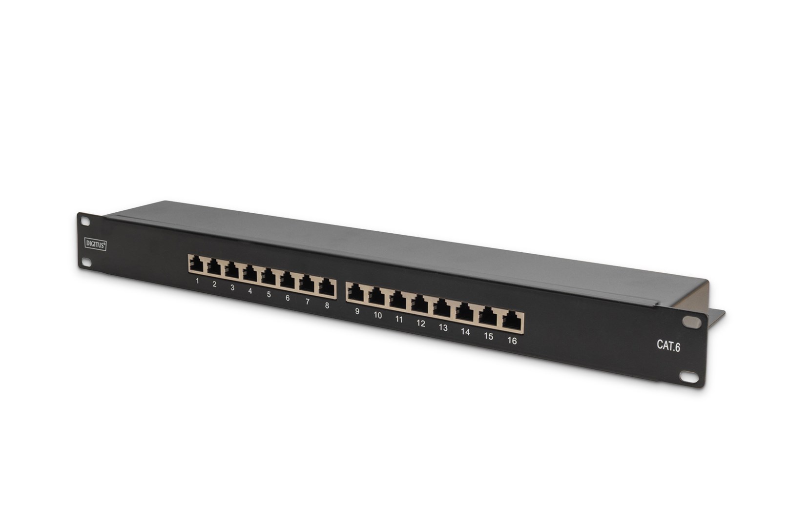Digitus Panel krosowy (patch panel) 19'' 16x RJ45, LSA poziom, kat.6, ekranowany, 1U, czarny, prowadnica kabli