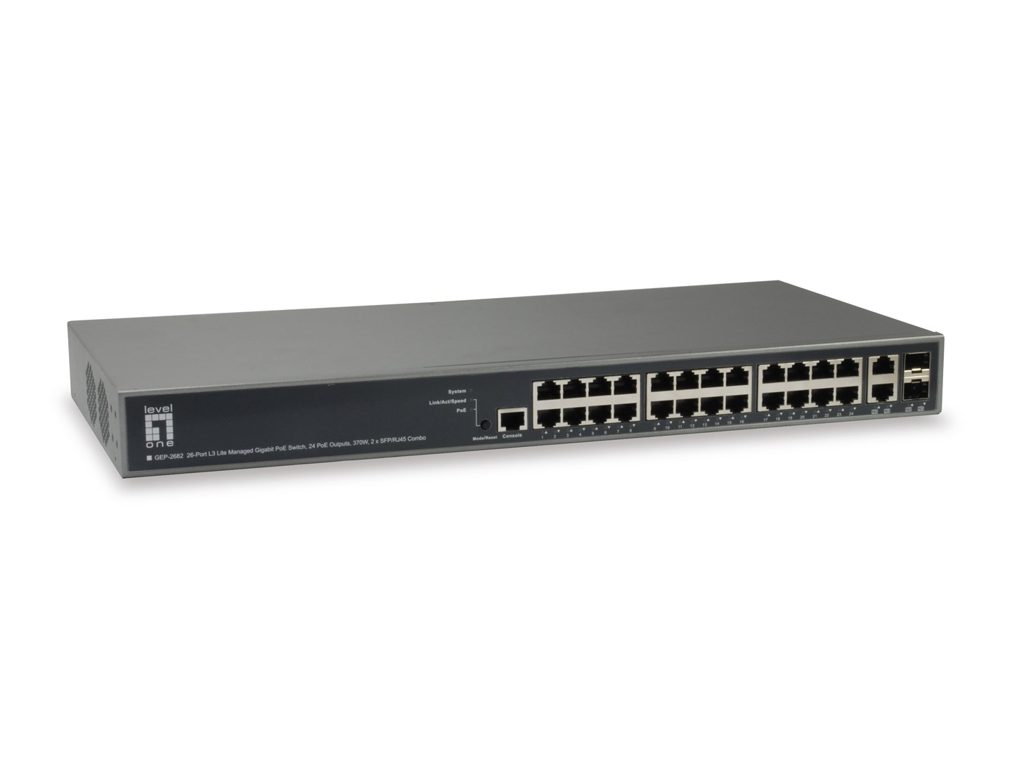 Level One GEP-2682 - Switch - L3 Lite - zarządzany - 24 x 10/100/1000 (PoE+) + 2 x Gigabit SFP - do montażu w szafie - PoE+