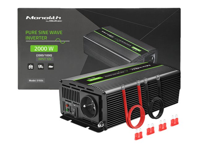 QOLTEC 51934 Przetwornica napięcia Monolith / 1000W / 2000W / 12V na 230V / Czysty Sinus