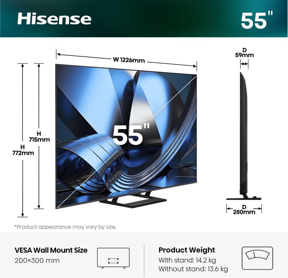 Hisense 55U7SE 139,7 cm (55") 4K Ultra HD Smart TV Wi-Fi Czarny