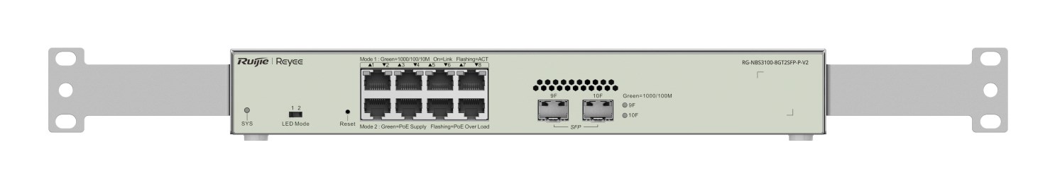 Ruijie Networks RG-NBS3100-8GT2SFP-P-V2 łącza sieciowe Zarządzany L2 Gigabit Ethernet (10/100/1000) Obsługa PoE Metaliczny