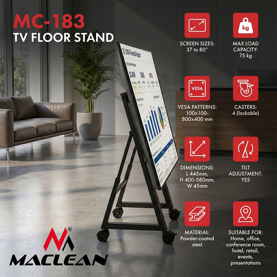 Wózek / stojak podłogowy do TV Maclean, 37-80", max. VESA 800x400, max. 75kg, mobilny, blokada kół, MC-183