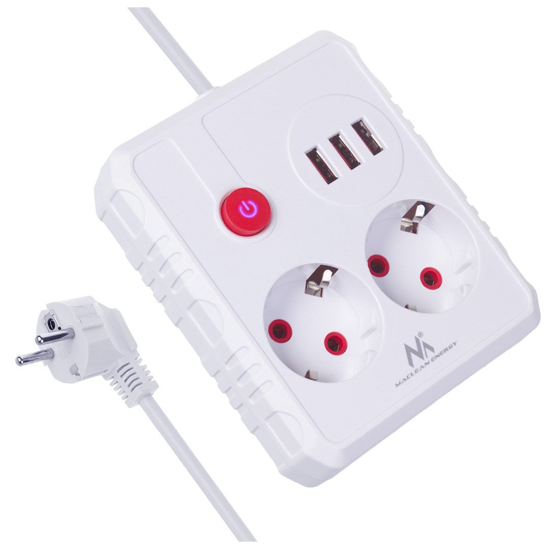 MACLEAN LISTWA ZASILAJĄCA, PRZEDŁUŻACZ 2 GNIAZDA + 3XUSB, 110-240V AC 50/60HZ, 2.1A MAX 2500W, 1.5M, BIAŁA MCE387 W