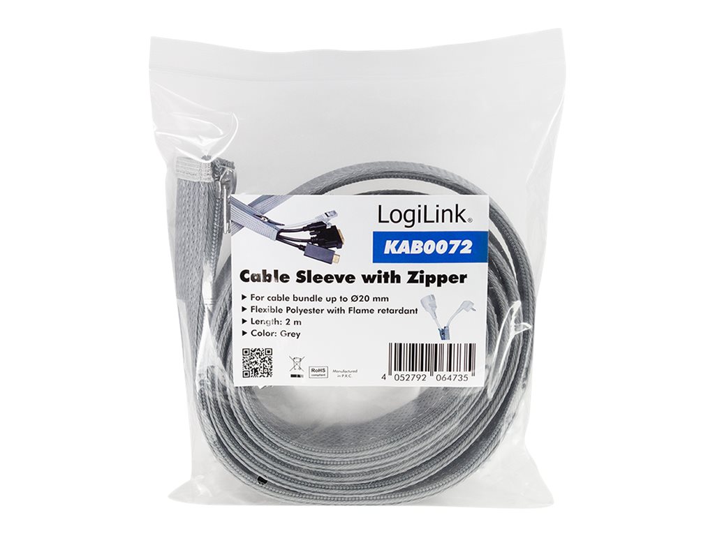 LOGILINK KAB0072 Cable sleeve with zipper Polyester Ø 30 mm grey 2m