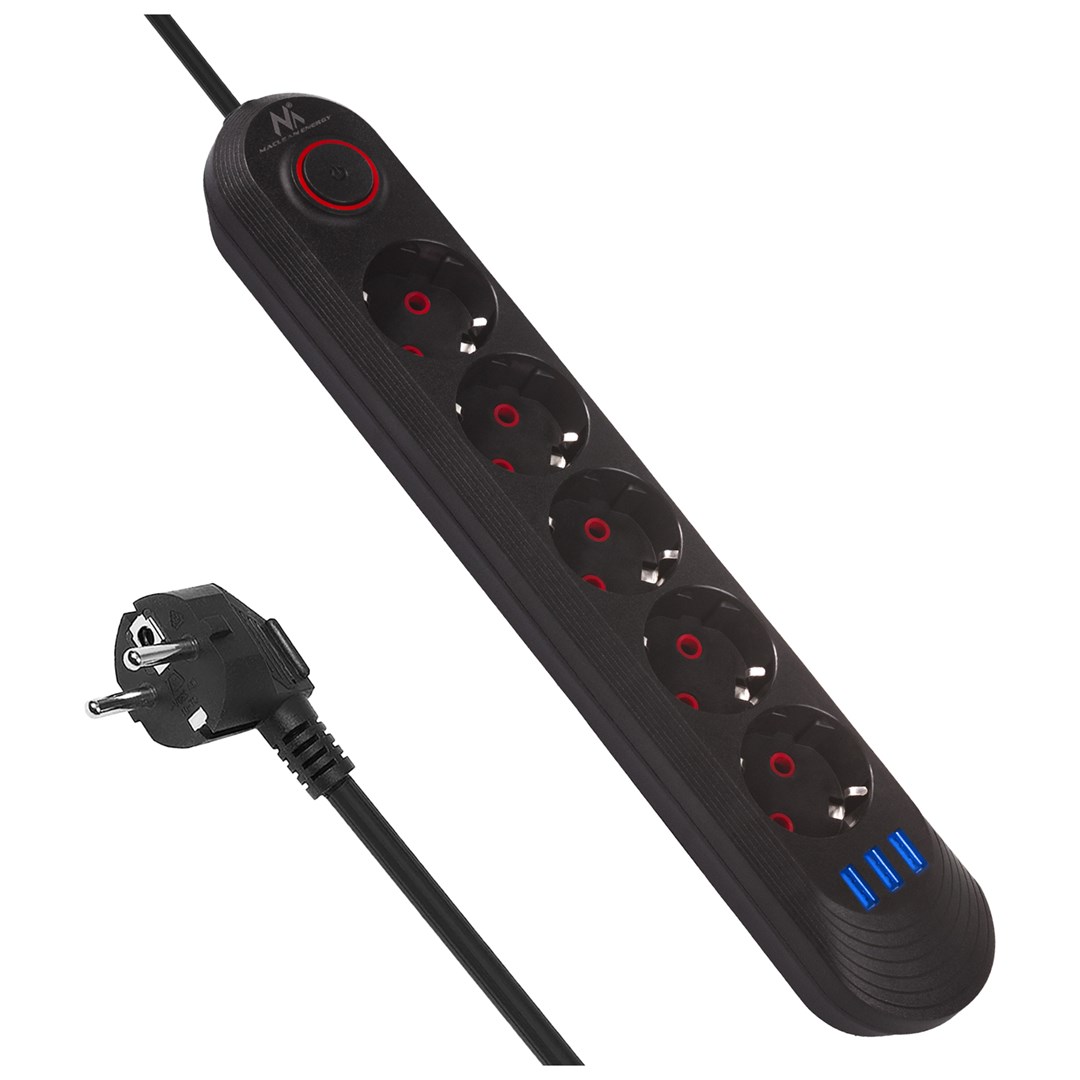 MACLEAN LISTWA ZASILAJĄCA, PRZEDŁUŻACZ5 GNIAZD + 3XUSB, 110-240V AC 50/60HZ, 2.1A MAX 2500W, 1,5M, CZARNA MCE395 B