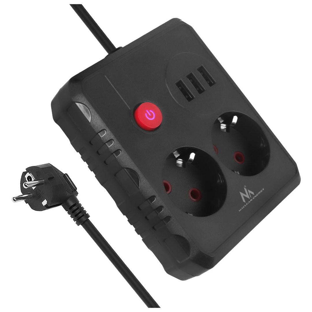 MACLEAN LISTWA ZASILAJĄCA, PRZEDŁUŻACZ 2 GNIAZDA + 3XUSB, 110-240V AC 50/60HZ, 2.1A MAX 2500W, 1.5M, CZARNA MCE387 B