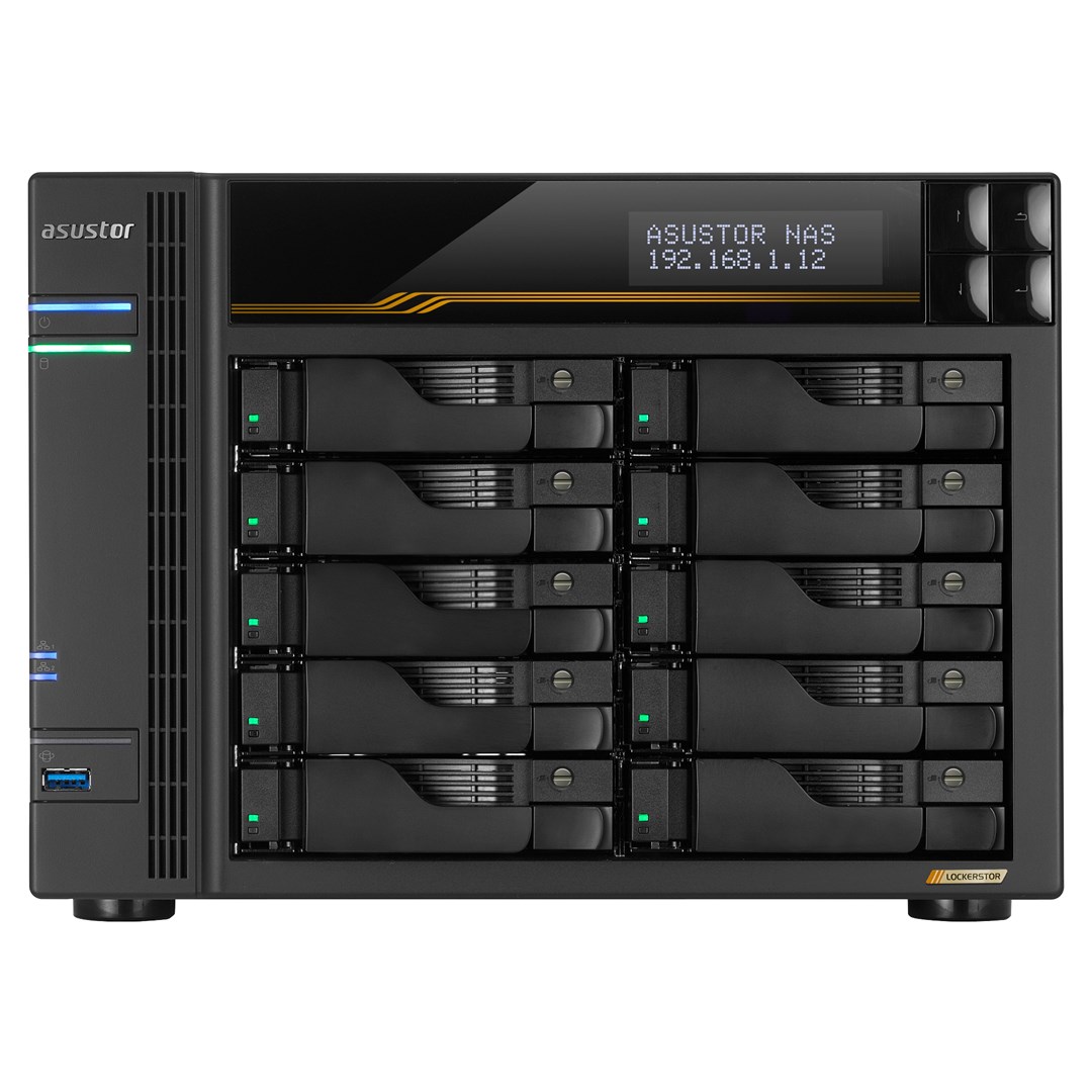 NAS Asustor AS6810T; Tower; 10x (3.5" SATA HDD/ 2.5" SSD); AMD Ryzen Embedded V3C14; 16G ECC DDR5 SODIMM (max. 64GB), 2x 10GbE, 2x 5GbE, 4x M.2 2280 NVMe PCIe 4.0, 2x USB4, 2x USB 3.2 Gen, 1x optional 10 GbE card