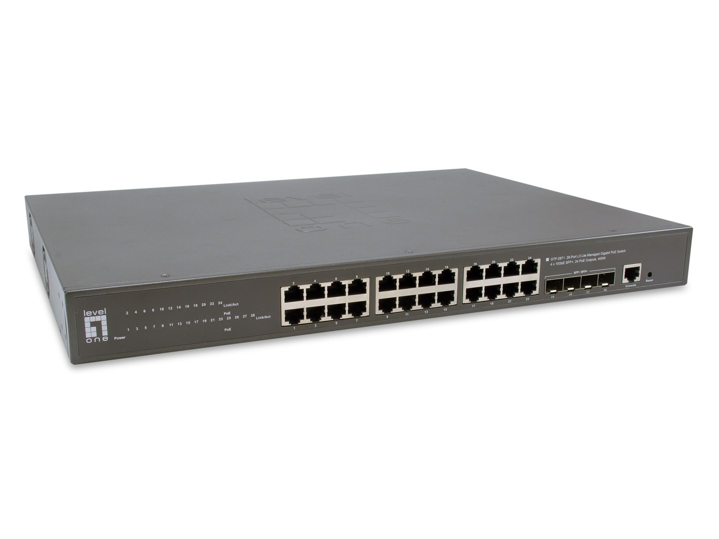 Zarządzalny przełącznik PoE+ LevelOne GB/L3 28-portowy 19" 400W 10Gbps