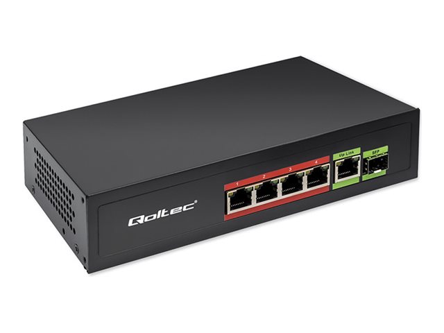 Qoltec Przełącznik sieciowy SWITCH FAST Ethernet PoE 4x RJ45 PoE 1x RJ45 Uplink 1x SFP | 65W | 1000 Mb