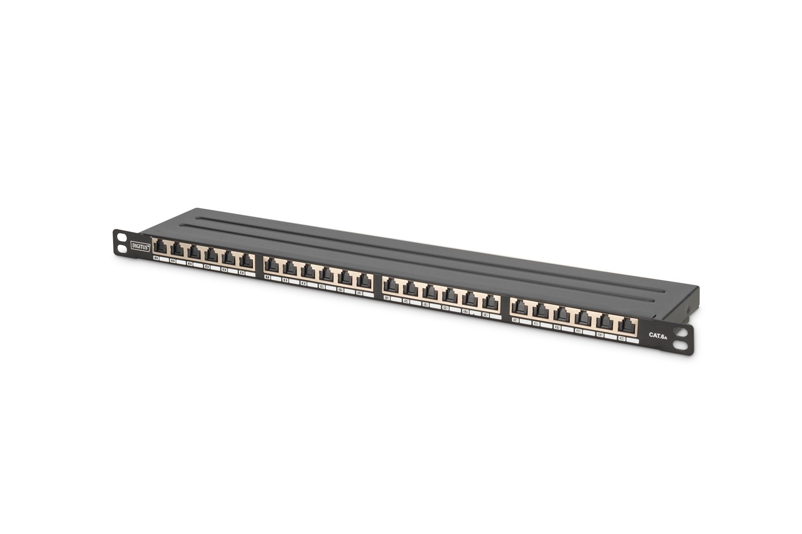 Panel krosowy high density 19'' 24x RJ45, LSA poziom, kat.6A, ekranowany, 0.5U, czarny, prowadnica kabli