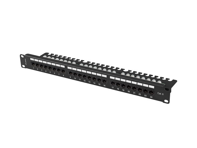 Patch panel 24 porty 1U 19 cali kat.6 UTP z organizerem kablowym, czarny