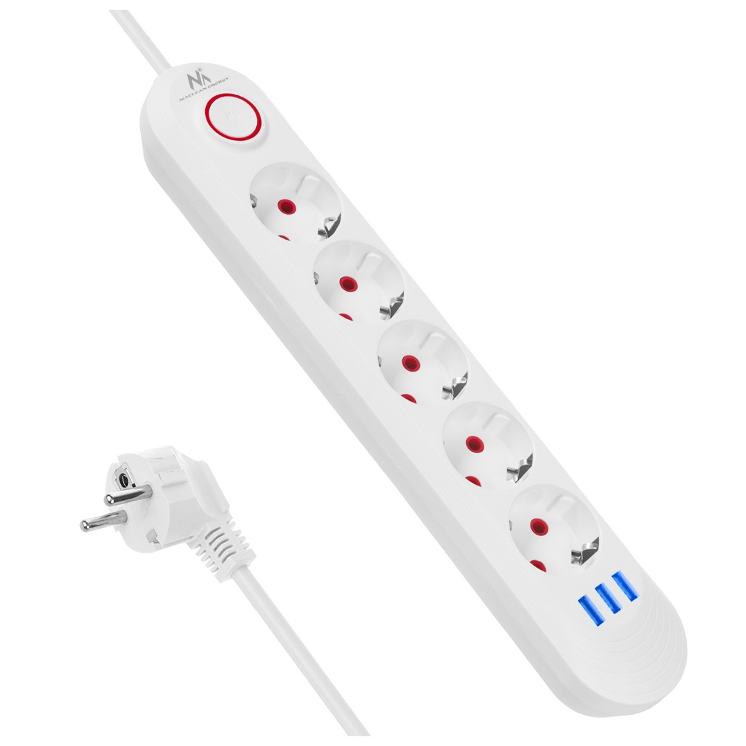 MACLEAN LISTWA ZASILAJĄCA PRZEDŁUŻACZ5 GNIAZD + 3XUSB, 110-240V AC 50/60HZ, 2.1A MAX 2500W, 1,5M, BIAŁA MCE395 W