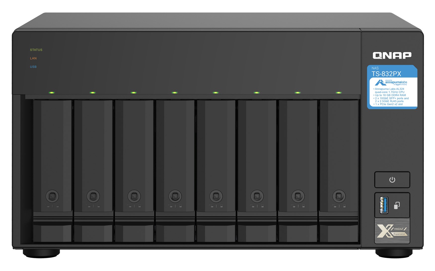 Qnap TS-832PX-4G, Tower, 8 x 2.5"/3.5" SATA, Annapurna Labs Alpine AL324 1.7GH, 4GB DDR4 SODIMM (Max. 16GB), 2 x 10GbE SFP+, 2 x 2.5GbE, Single PSU