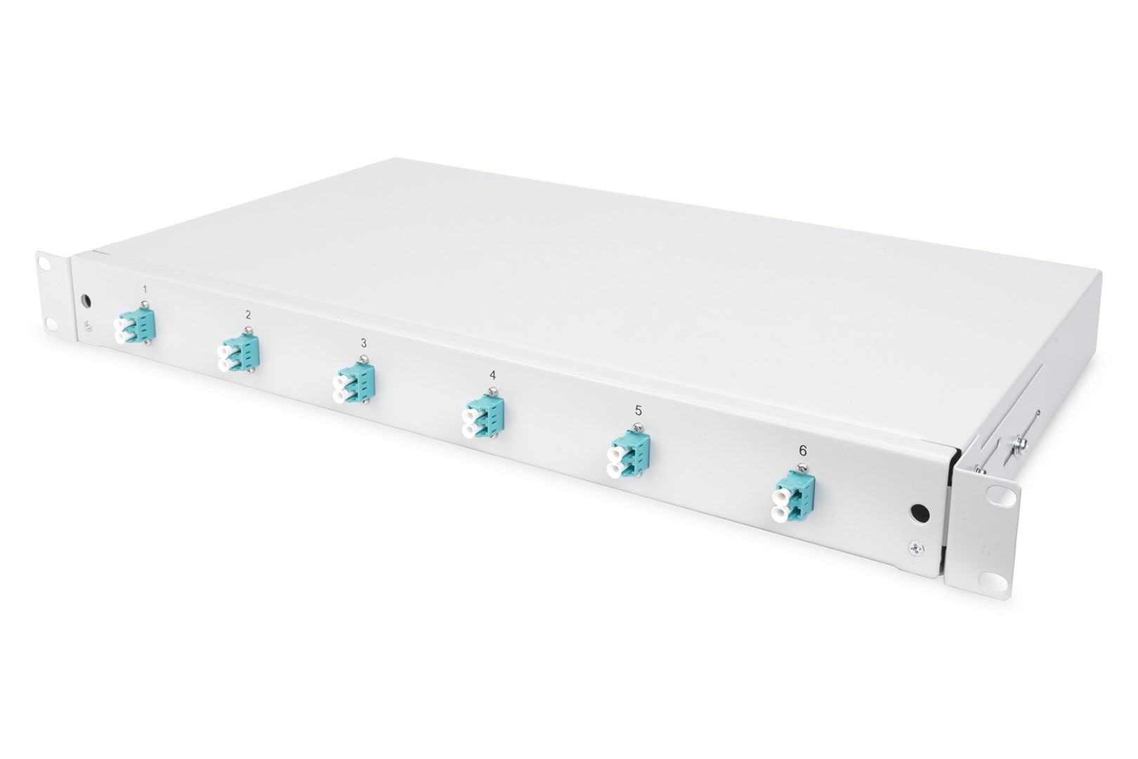 Panel krosowy FO z wyposażeniem 19'' 1U, 6x LC dx, OM3, pigtaile, adaptery, tacki, wysuwany, szary