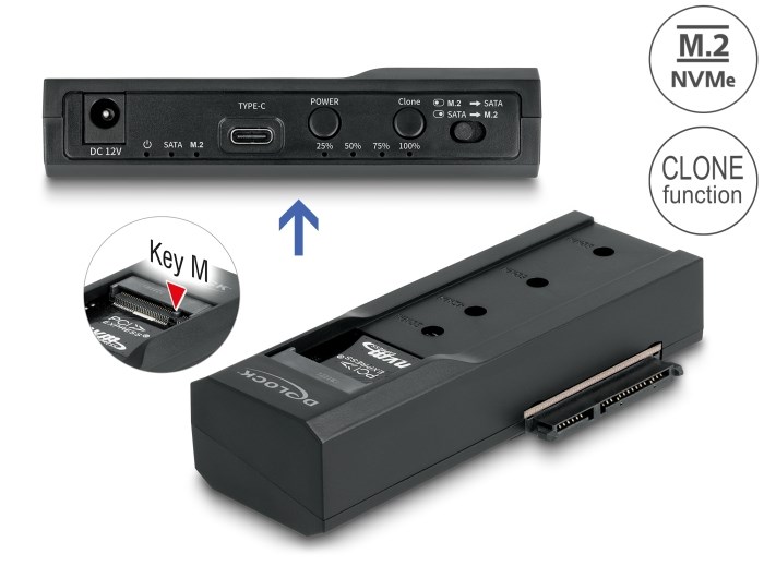 Delock - Kontroler pamięci - Funkcja klonowania - 2.5", 3.5", M.2 (6.4 cm, 8.9 cm) - Karta M.2 (PCIe NVMe i SATA) / SATA SSD - USB-C 3.2 (Gen 2x1)