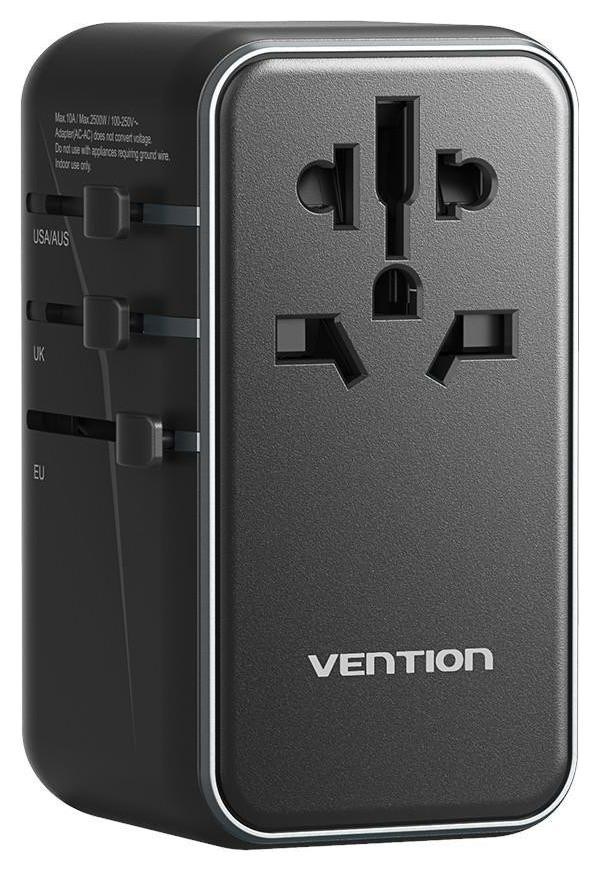 Uniwersalny adapter podróżny z ładowarką Vention 100W GaN 1x USB-A 3x USB-C czarny