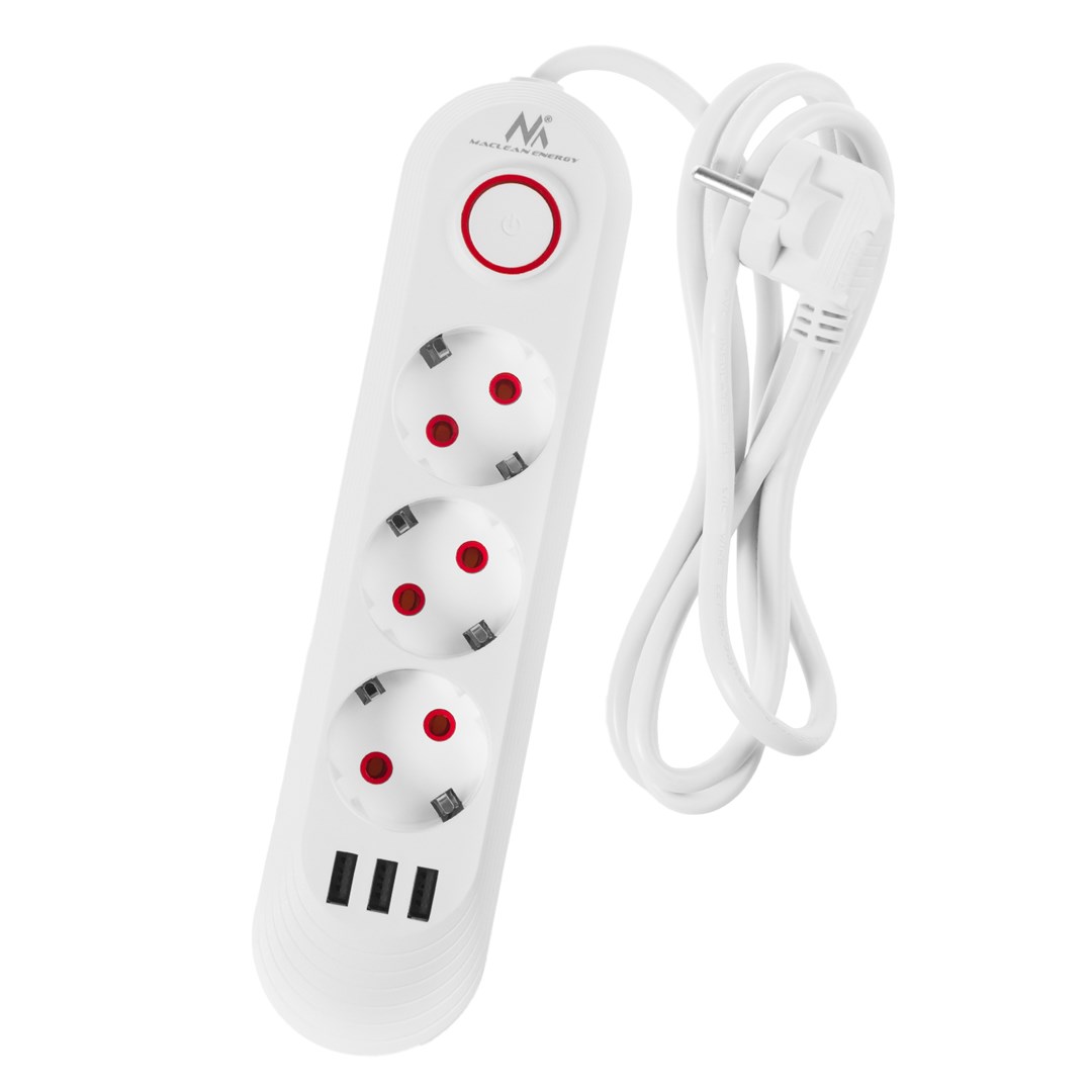MACLEAN LISTWA ZASILAJĄCA, PRZEDŁUŻACZ 3 GNIAZDA + 3XUSB, 110-240V AC 50/60HZ, 2.1A MAX 2500W, 1,5M, BIAŁA MCE394 W