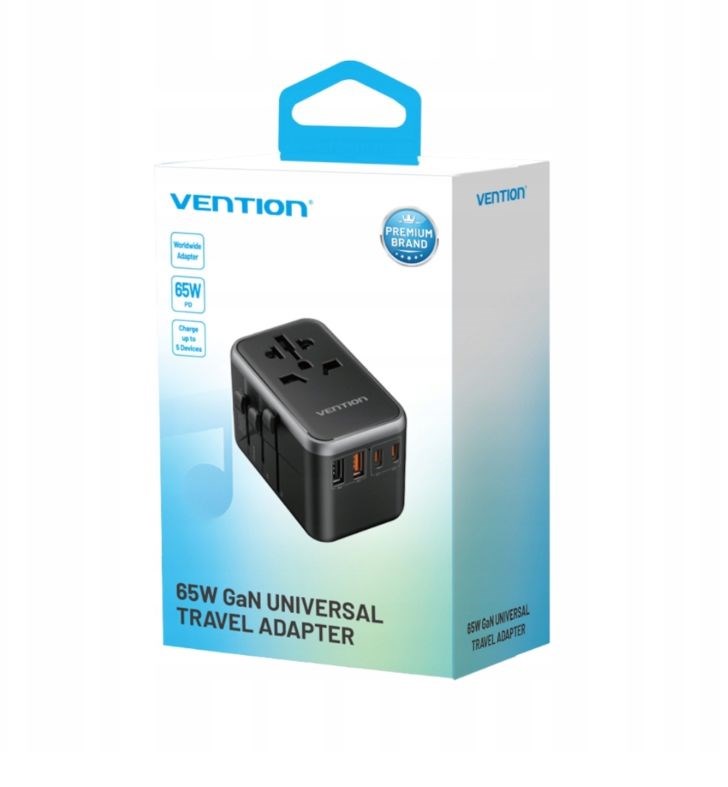 Uniwersalny adapter podróżny z ładowarką Vention 65W GaN 2x USB-A 2x USB-C czarny