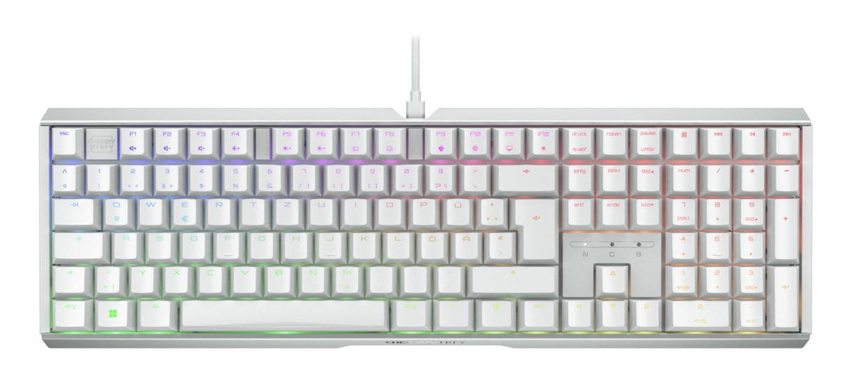 Klawiatura CHERRY XTRFY MX 3.1 - Pełny rozmiar - Podświetlenie - USB-C - QWERTZ - Niemiecki - Przełącznik kluczykowy: CHERRY MX2A Brązowy - biały