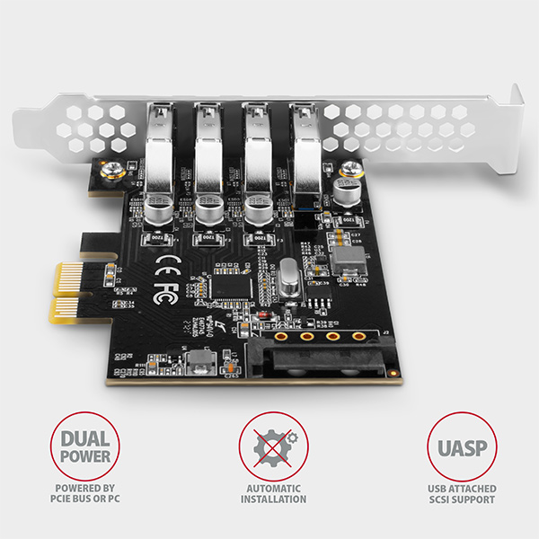 Kontroler USB Axagon PCEU-43RS PCIe 2.0 x1, 4x USB-A 5Gb/s, UASP, zasilanie z PCIe lub SATA, śledź SP/LP