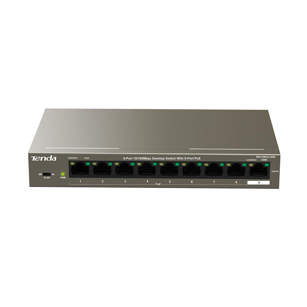 Tenda TEF1109P-8-102W łącza sieciowe Fast Ethernet (10/100) Obsługa PoE Metaliczny