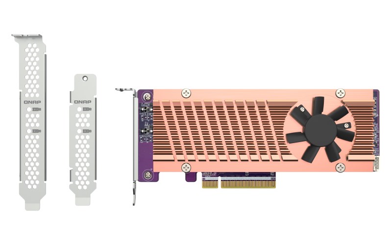 Qnap QM2-2P-384A, 2x M.2 2280/22110 M.2 PCIe (Gen3 x4) SSDs; PCIe Gen3 x8, Low-profile/Full-height