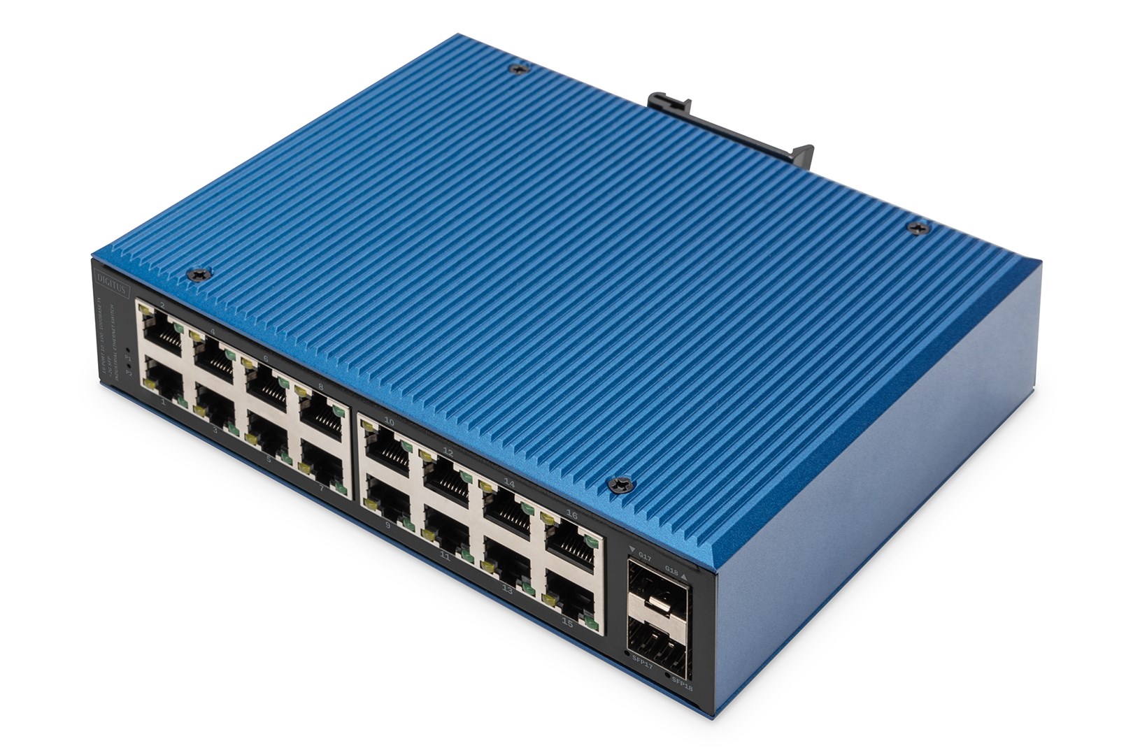 Przemysłowy switch 16x 1000Base-TX + 2x uplink 1000Base-FX (bez modułu) DIN rozszerzony zakres temp.
