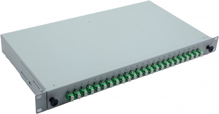 Skrzynka spawów światłowodowych 19" 24 x LC/APC Duplex OS2, zakończona spawami, szara