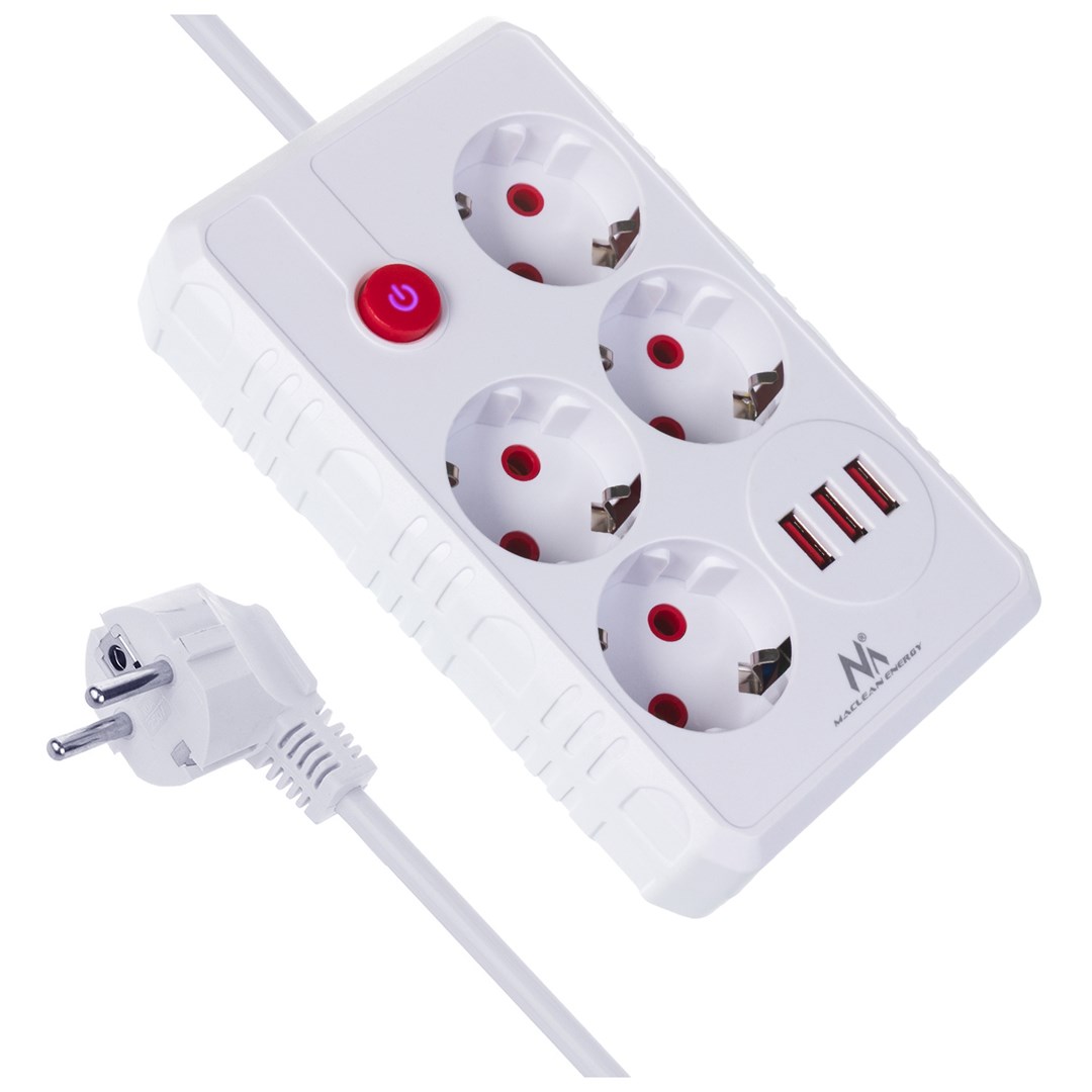 MACLEAN LISTWA ZASILAJĄCA, PRZEDŁUŻACZ 4 GNIAZDA + 3XUSB, 110-240V AC 50/60HZ, 2.1A MAX 2500W, 3M, BIAŁA MCE393 W