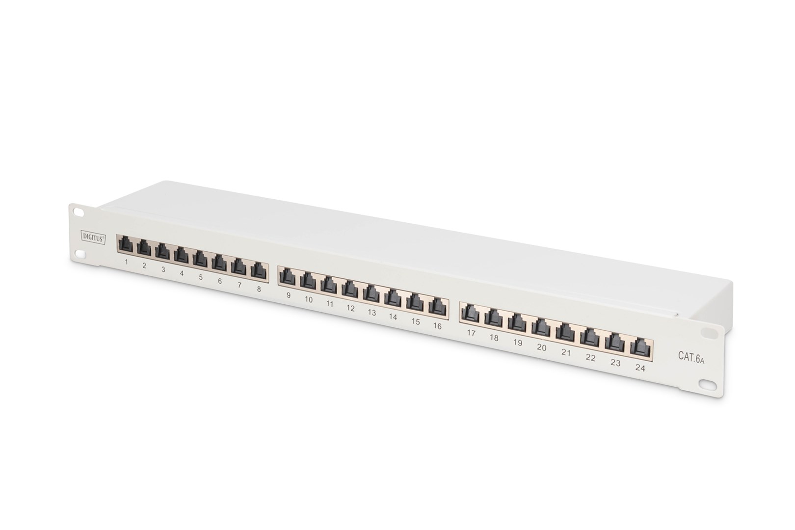 Digitus Panel krosowy (patch panel) 19'' 24x RJ45, LSA poziom, kat.6A, ekranowany, 1U, szary, prowadnica kabli