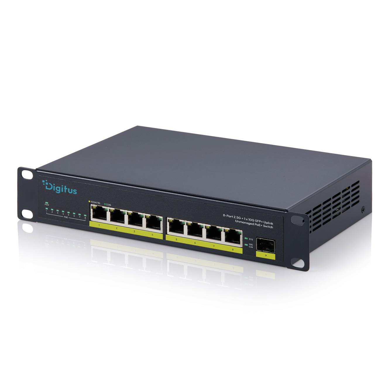 Przełącznik sieciowy niezarządzalny PoE+ 10" 8x RJ45 2.5G, 1x SFP+ 10G, 60Gbps, budżet 80W, 802.3af/at, metalowy, bez wentylatora, Plug&Play