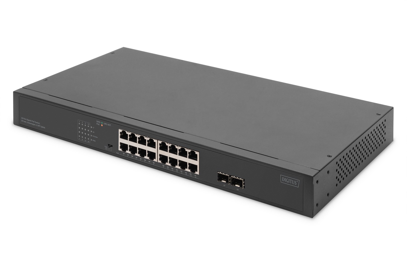 Digitus 16-portowy przełącznik sieciowy Gigabit, 19-calowy, niezarządzalny, 2 porty Uplink, SFP