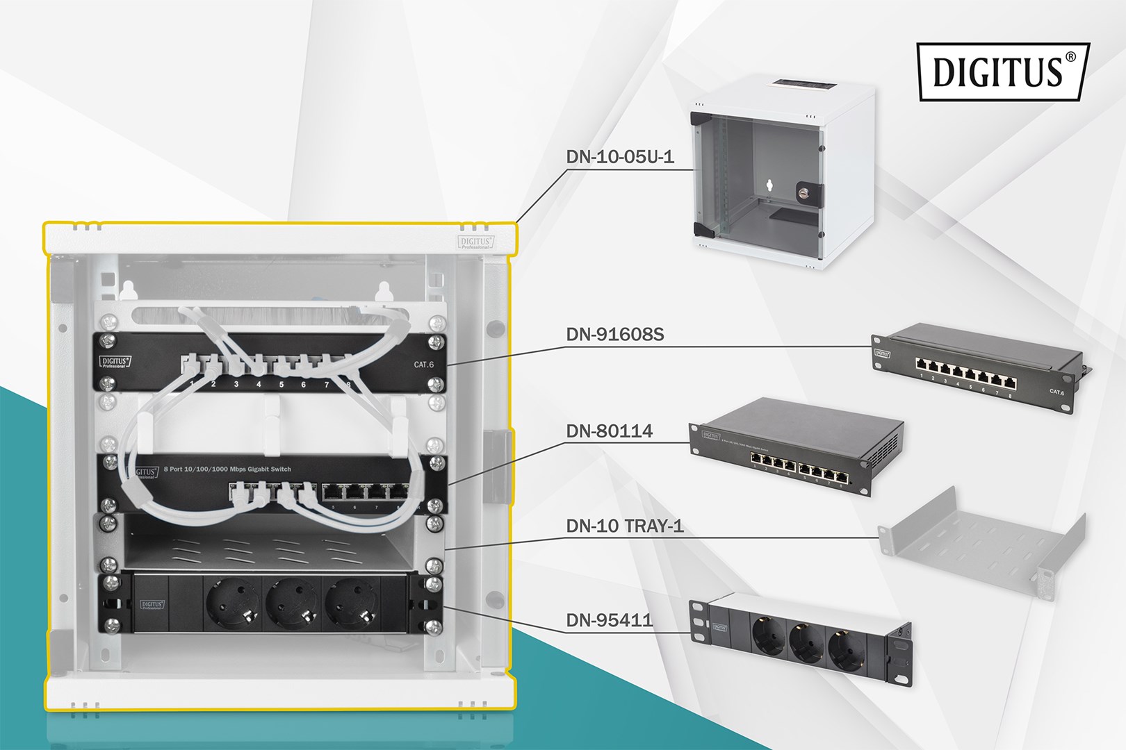 Zestaw sieciowy 10": szafa wisząca 6U, półka, listwa zasilająca, 8-port switch, panel kat.6, szary