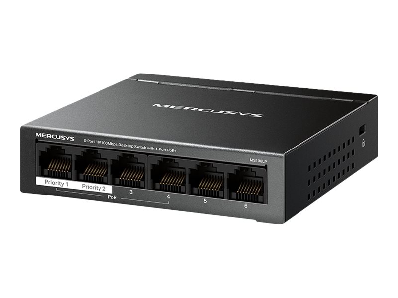 Przełącznik Mercusys 6-Port 10/100 Mbps Desktop Switch with 4-Port PoE+ PORT: 4× 10/100 Mbps PoE+ Ports, 2× 10/100 Mbps Non-PoE Ports MS106LP