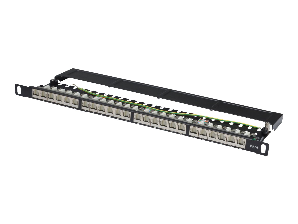 Panel krosowy high density 19'' 24x RJ45, LSA poziom, kat.6, ekranowany, 0.5U, czarny, prowadnica kabli