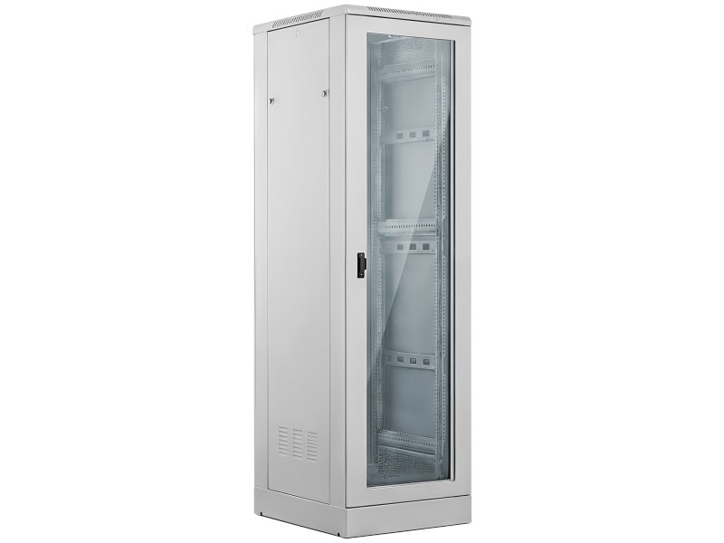 Szafa 24U 600x600, drzwi przednie szklane, drzwi tylne metalowe pełne, zamek, 4 belki nośne, cokół w zestawie, do samodzielnego montażu, kolor szary, ALANTEC